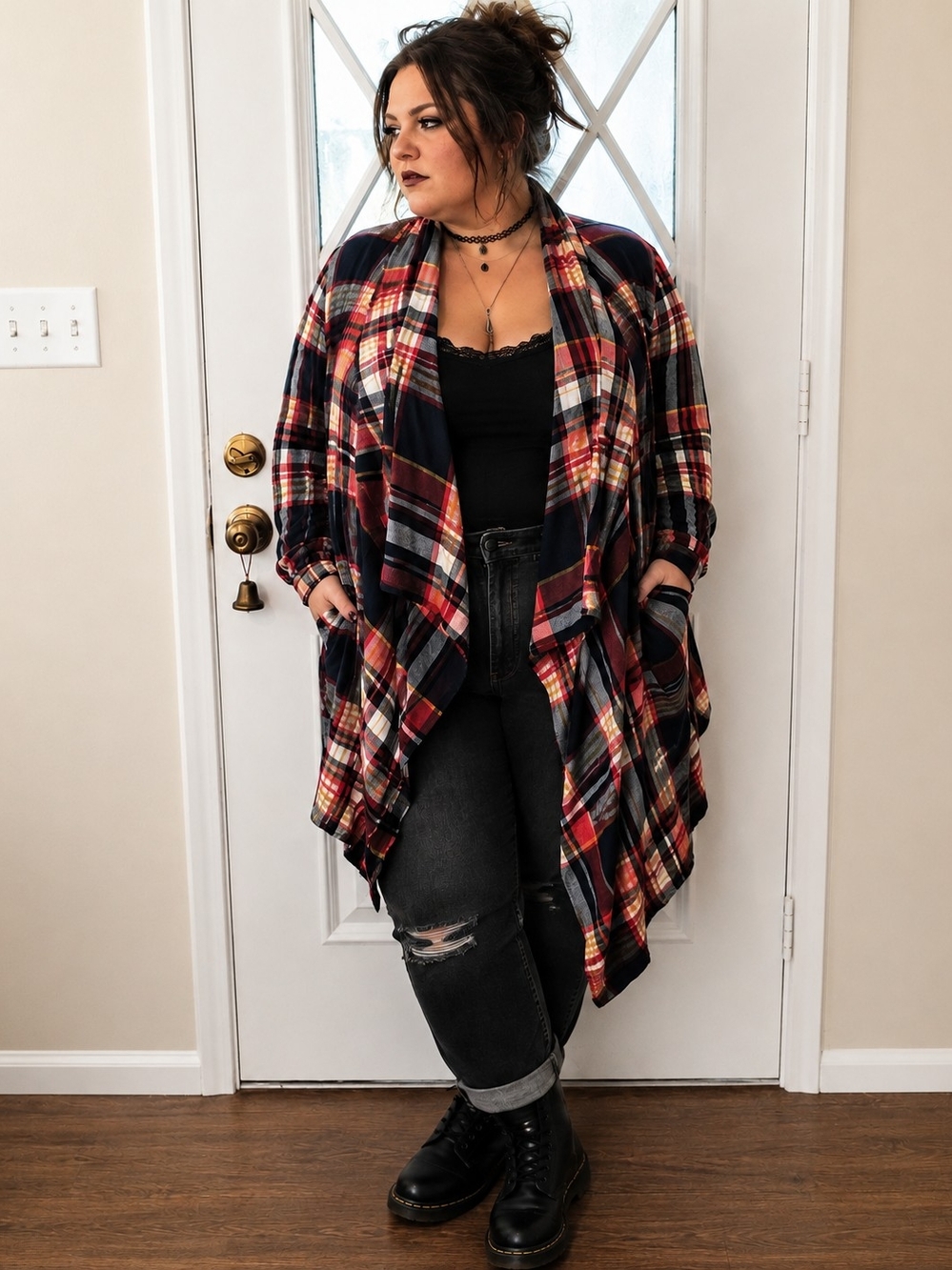 Cato Red Navy Plaid Open-Front Draped Cardigan